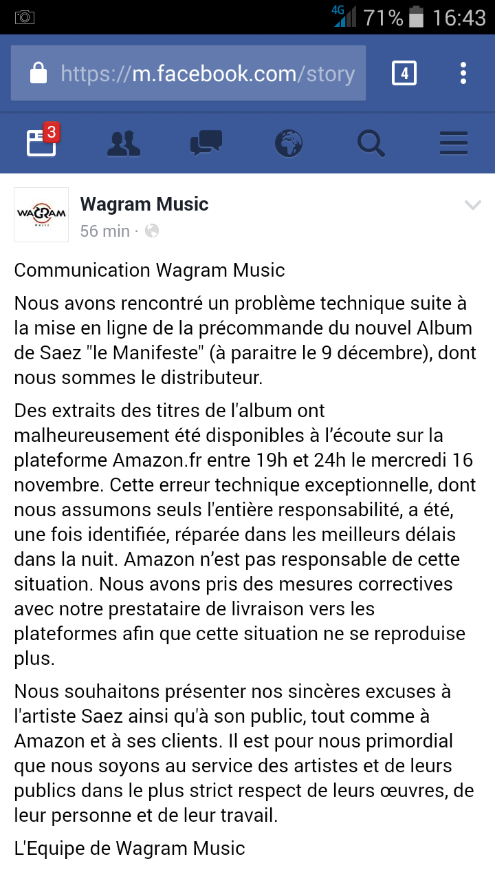screenshot communication Wagram Music pour affaire Saez chansons